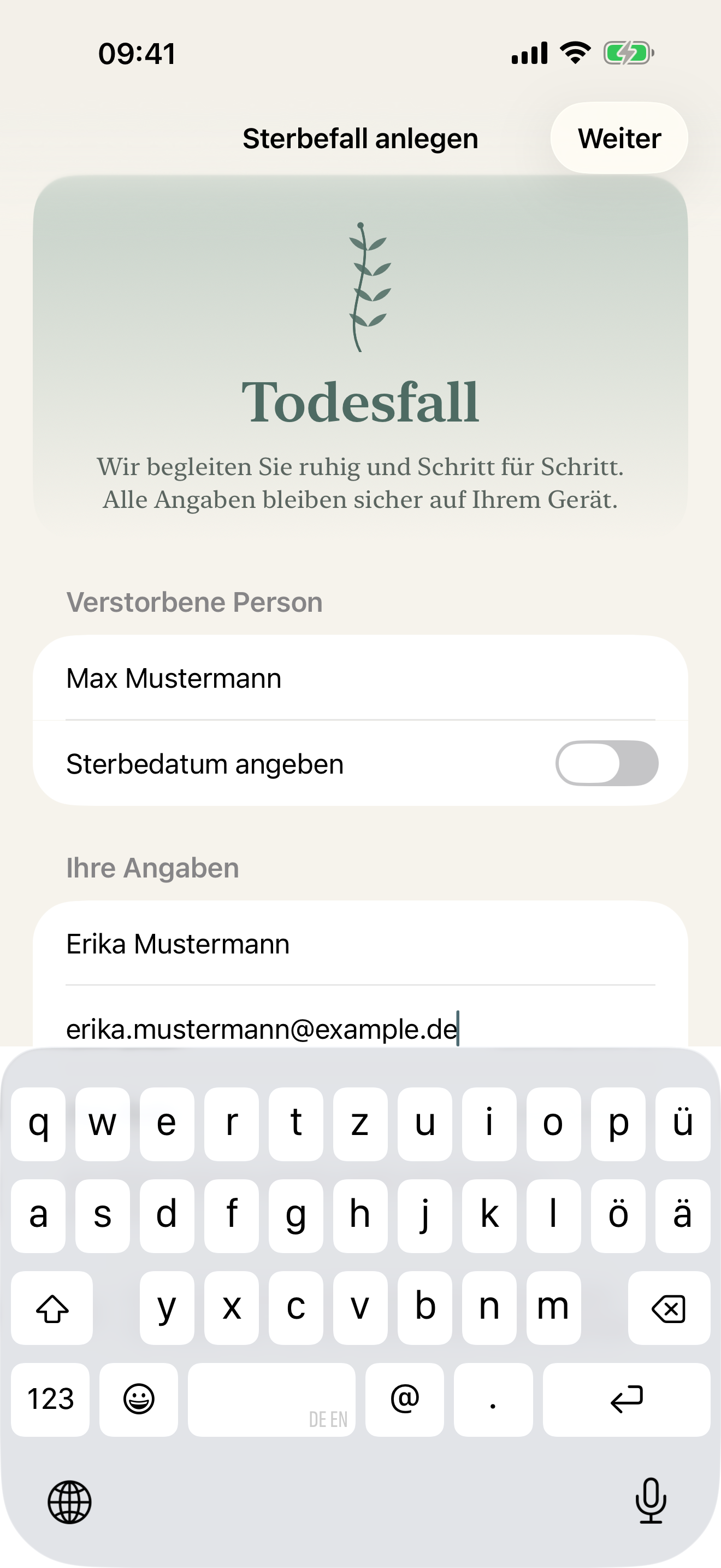Sterbefall in der App anlegen