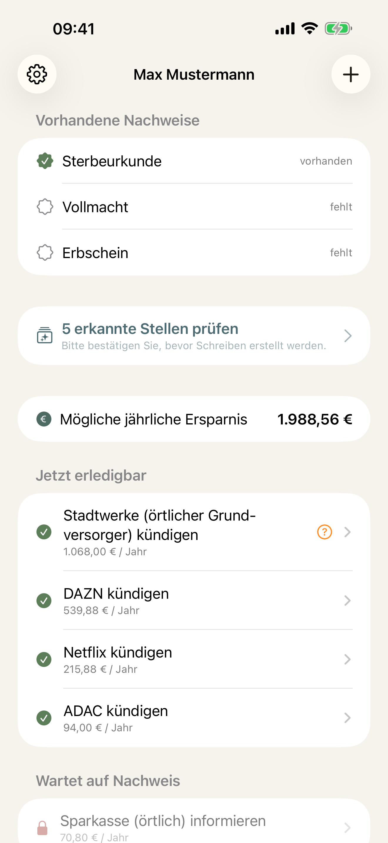Ampel-Board mit erkannten Verträgen und Ersparnis