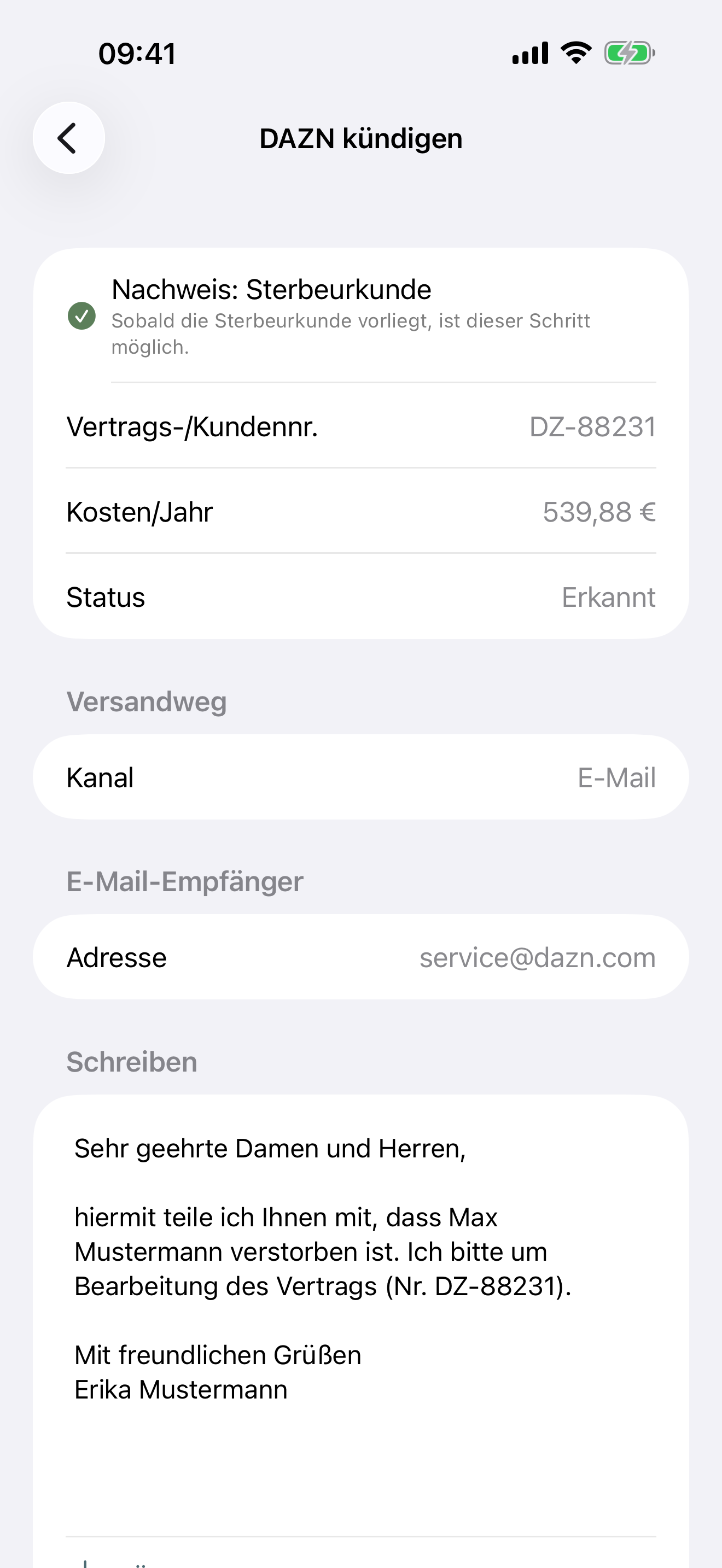 Automatisch erzeugtes Kündigungsschreiben